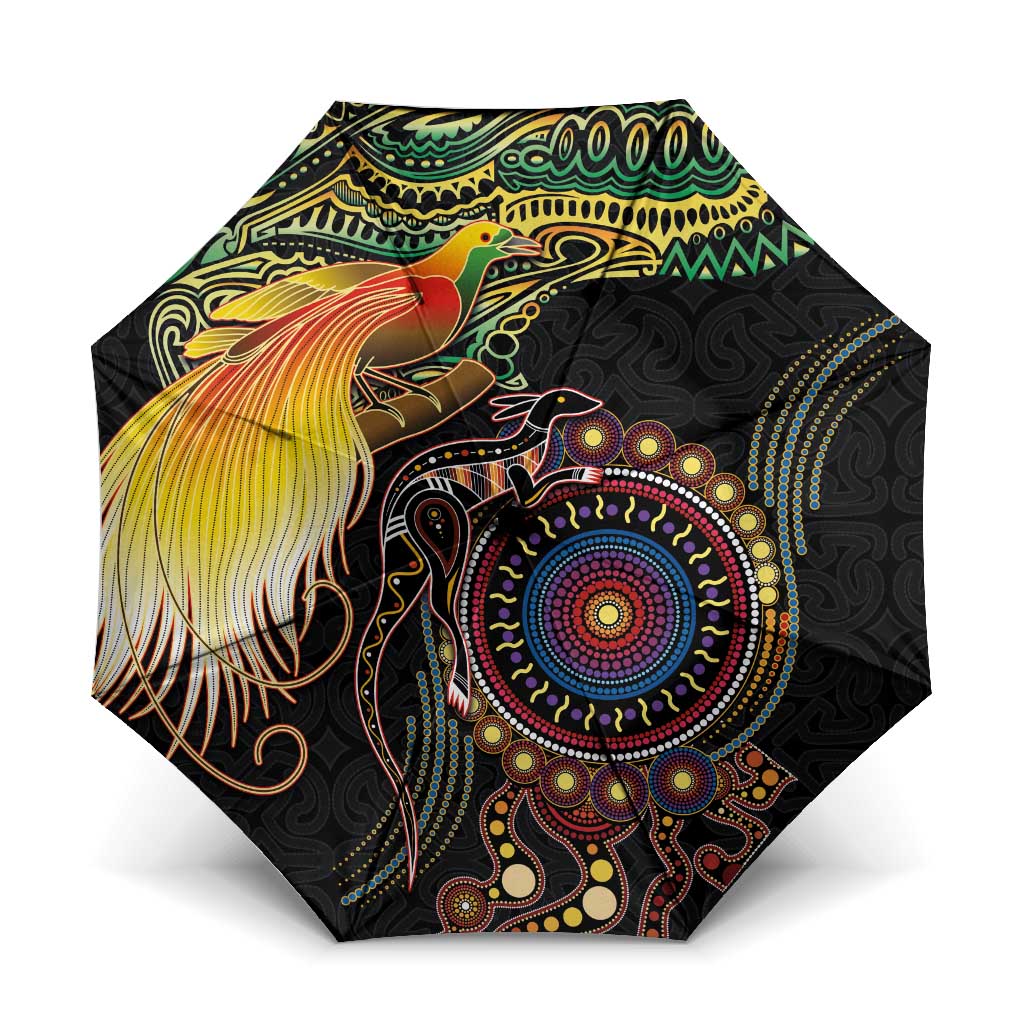 Papua New Guinea and Australia Together Umbrella Bird of Paradise and Kangaroo Melanesian Aboriginal Motifs LT03 One Size Folded 11.42 inch Opened Diameter 37.4 inch Black - Polynesian Pride