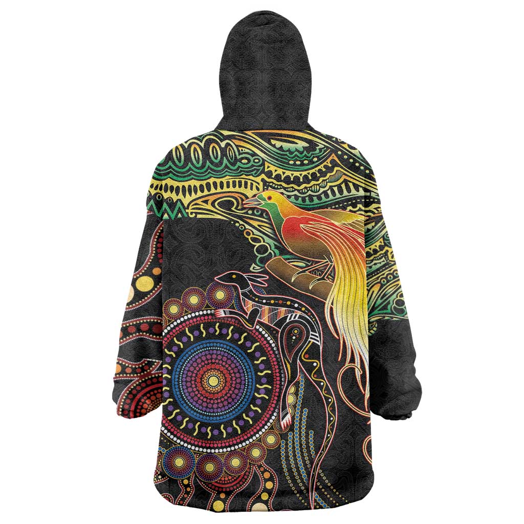 Papua New Guinea and Australia Together Wearable Blanket Hoodie Bird of Paradise and Kangaroo Melanesian Aboriginal Motifs LT03 - Polynesian Pride