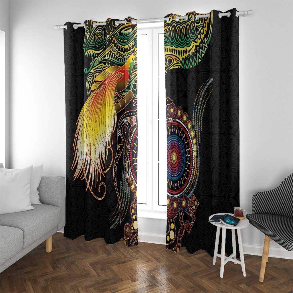 Papua New Guinea and Australia Together Window Curtain Bird of Paradise and Kangaroo Melanesian Aboriginal Motifs LT03 With Grommets Black - Polynesian Pride