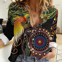 Papua New Guinea and Australia Together Women Casual Shirt Bird of Paradise and Kangaroo Melanesian Aboriginal Motifs LT03 Female Black - Polynesian Pride