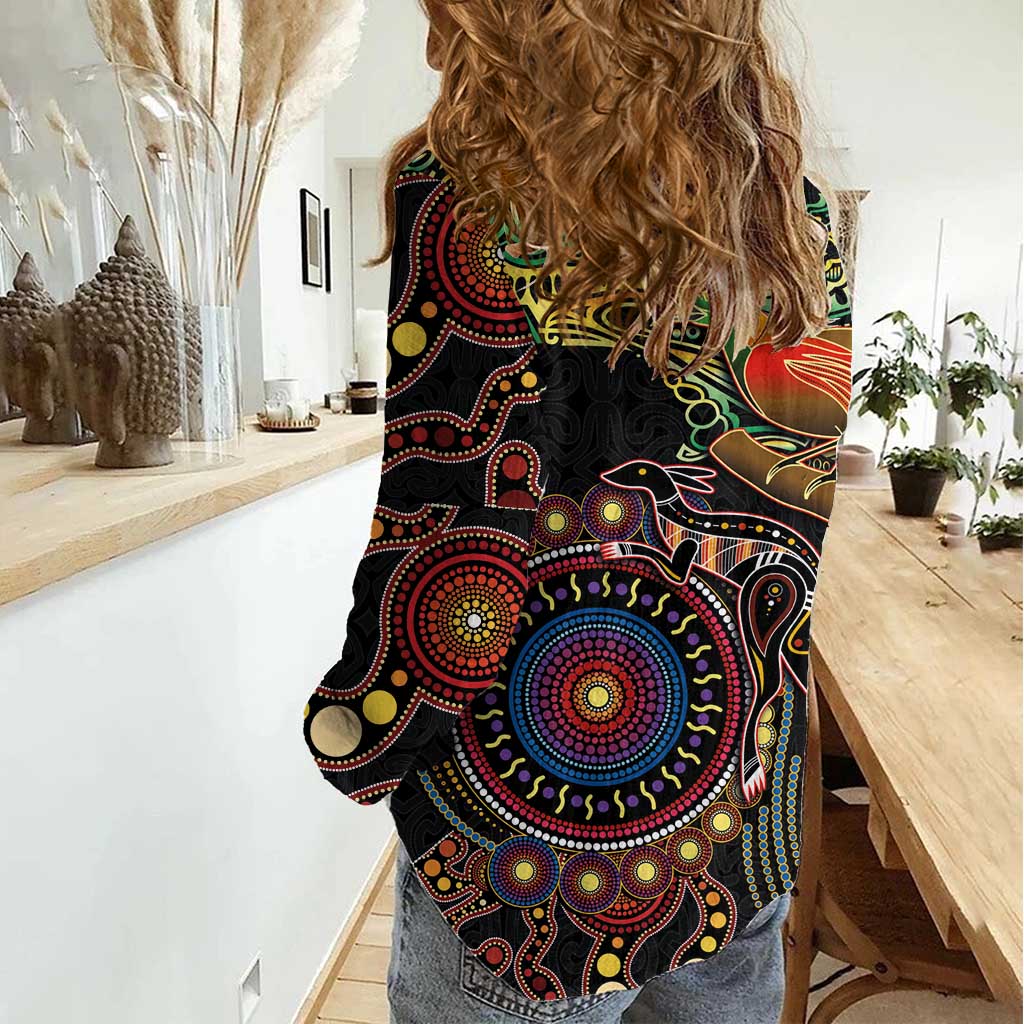 Papua New Guinea and Australia Together Women Casual Shirt Bird of Paradise and Kangaroo Melanesian Aboriginal Motifs LT03 - Polynesian Pride