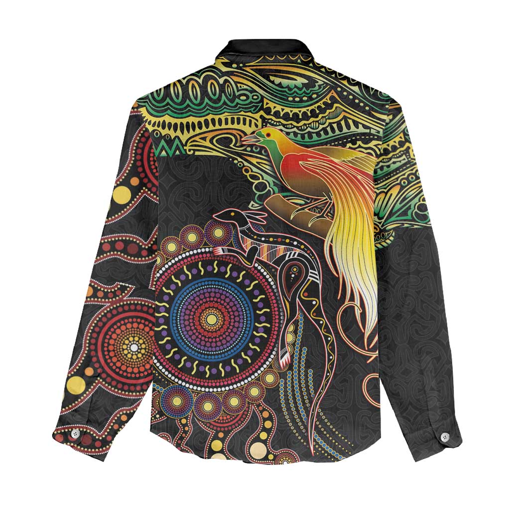 Papua New Guinea and Australia Together Women Casual Shirt Bird of Paradise and Kangaroo Melanesian Aboriginal Motifs LT03 - Polynesian Pride