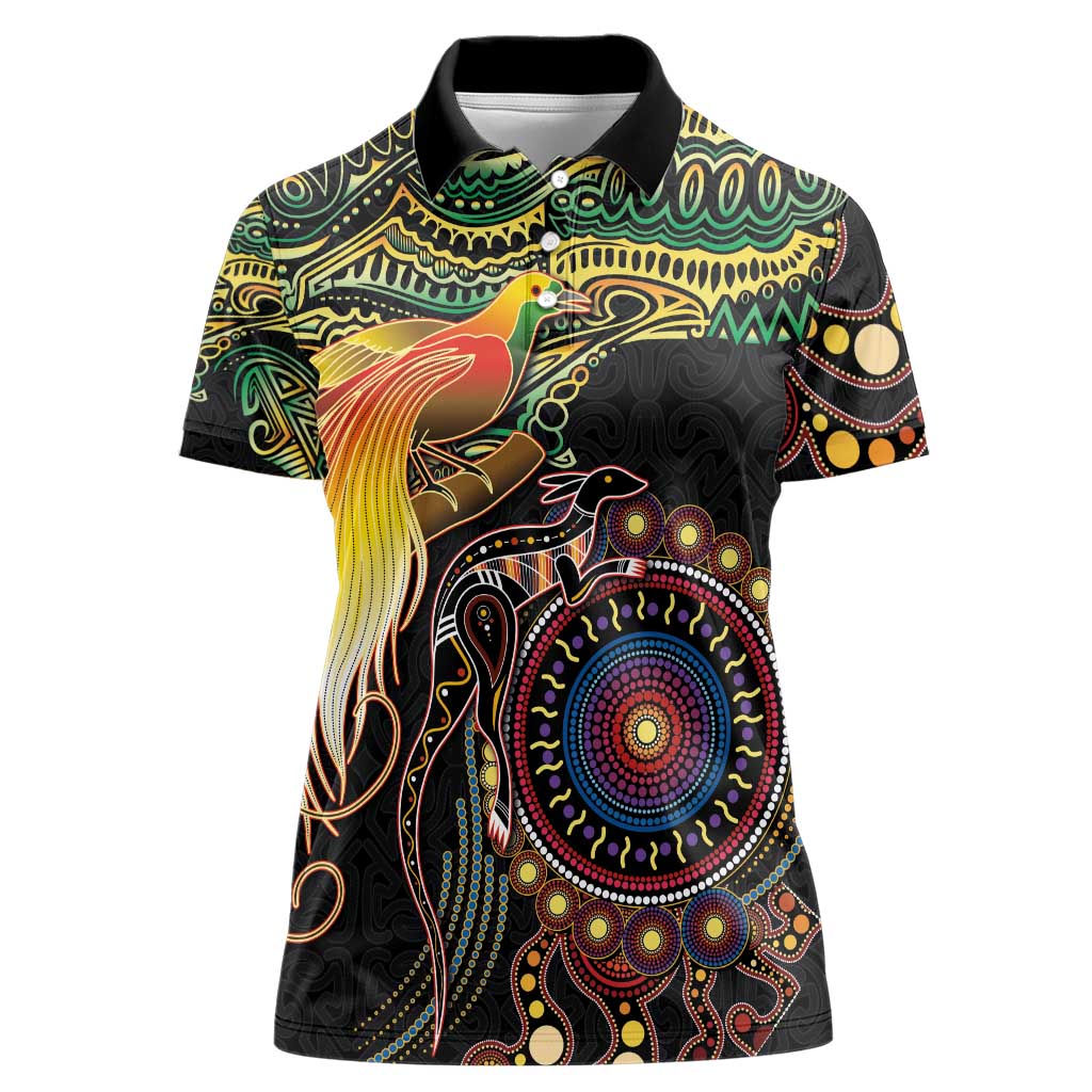 Papua New Guinea and Australia Together Women Polo Shirt Bird of Paradise and Kangaroo Melanesian Aboriginal Motifs LT03 Female Black - Polynesian Pride