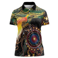 Papua New Guinea and Australia Together Women Polo Shirt Bird of Paradise and Kangaroo Melanesian Aboriginal Motifs LT03 Female Black - Polynesian Pride