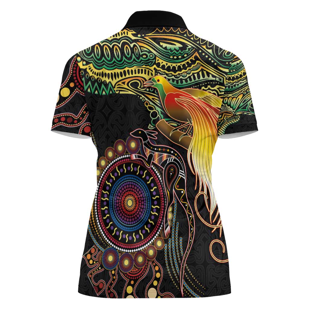 Papua New Guinea and Australia Together Women Polo Shirt Bird of Paradise and Kangaroo Melanesian Aboriginal Motifs LT03 - Polynesian Pride