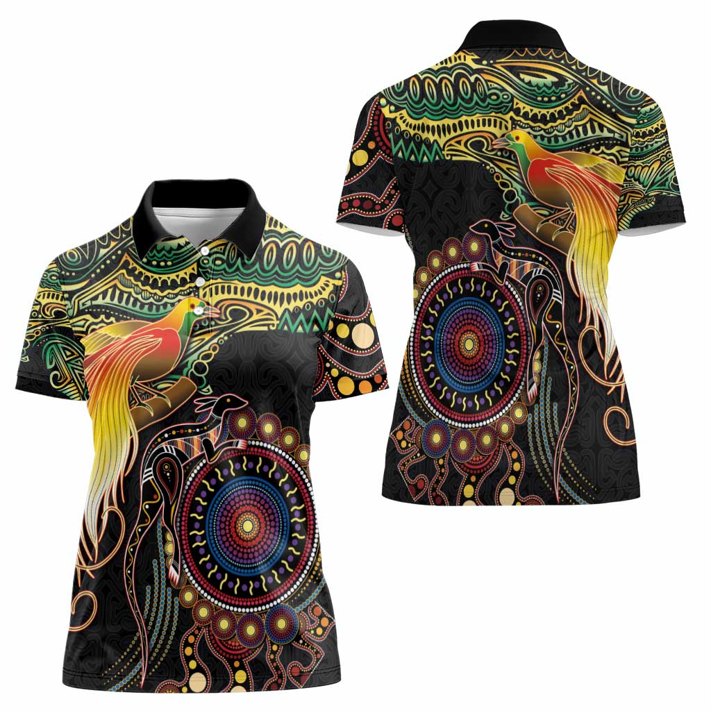 Papua New Guinea and Australia Together Women Polo Shirt Bird of Paradise and Kangaroo Melanesian Aboriginal Motifs LT03 - Polynesian Pride