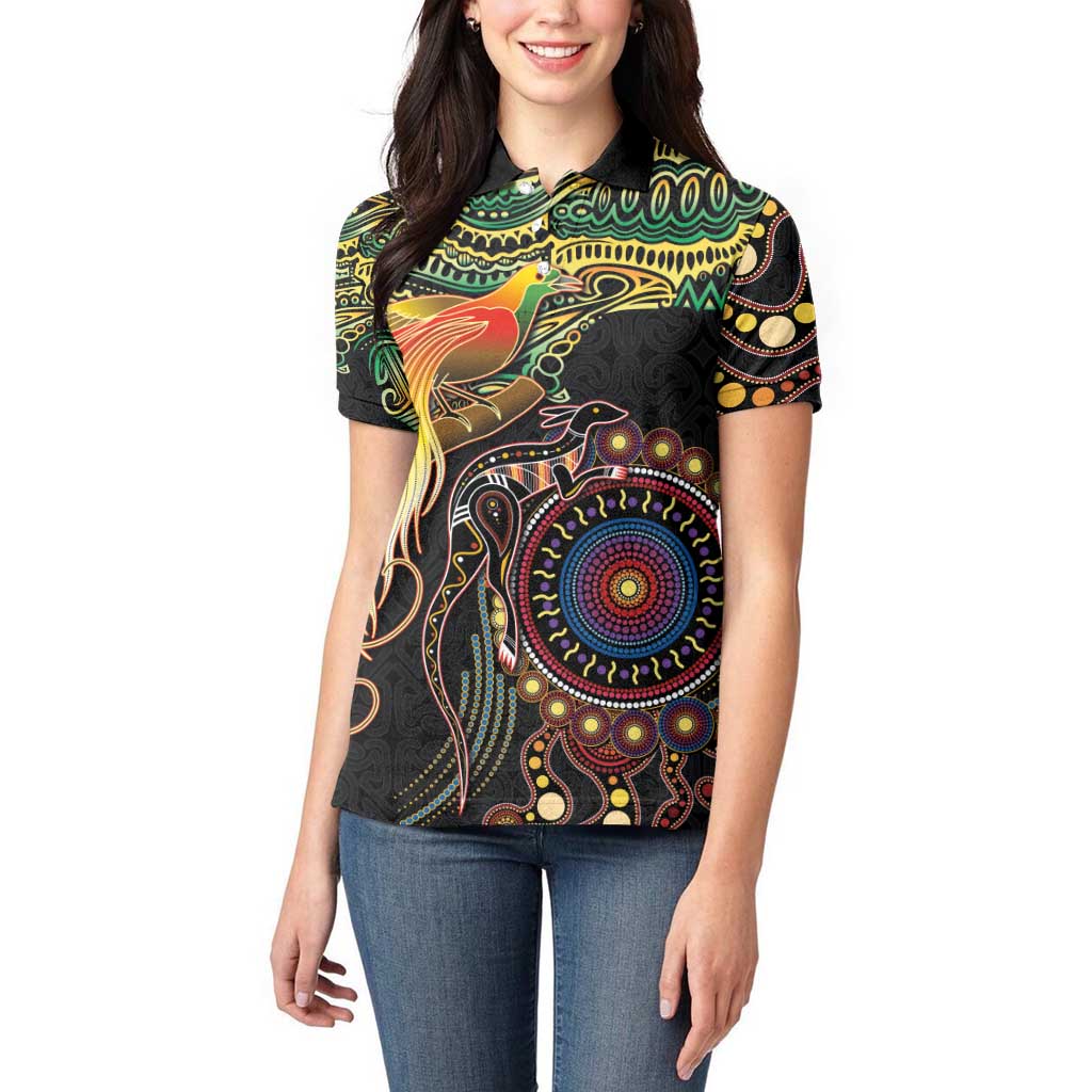 Papua New Guinea and Australia Together Women Polo Shirt Bird of Paradise and Kangaroo Melanesian Aboriginal Motifs LT03 - Polynesian Pride