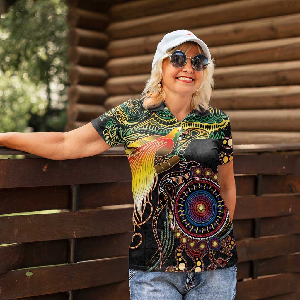 Papua New Guinea and Australia Together Women Polo Shirt Bird of Paradise and Kangaroo Melanesian Aboriginal Motifs LT03 - Polynesian Pride