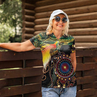 Papua New Guinea and Australia Together Women Polo Shirt Bird of Paradise and Kangaroo Melanesian Aboriginal Motifs LT03 - Polynesian Pride