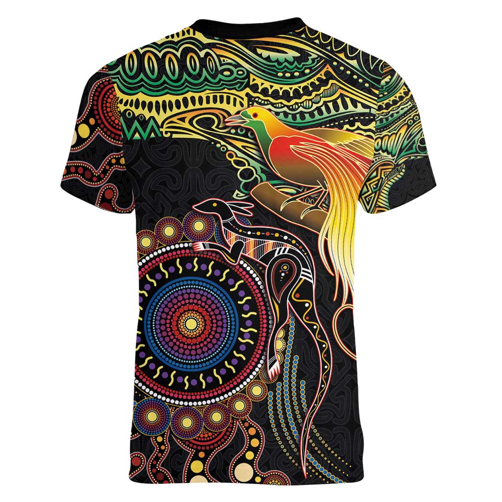 Papua New Guinea and Australia Together Women V-Neck T-Shirt Bird of Paradise and Kangaroo Melanesian Aboriginal Motifs LT03 - Polynesian Pride