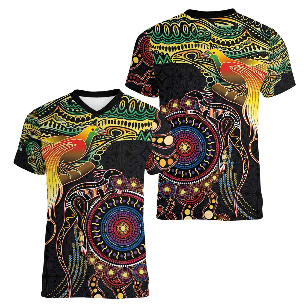 Papua New Guinea and Australia Together Women V-Neck T-Shirt Bird of Paradise and Kangaroo Melanesian Aboriginal Motifs LT03 - Polynesian Pride