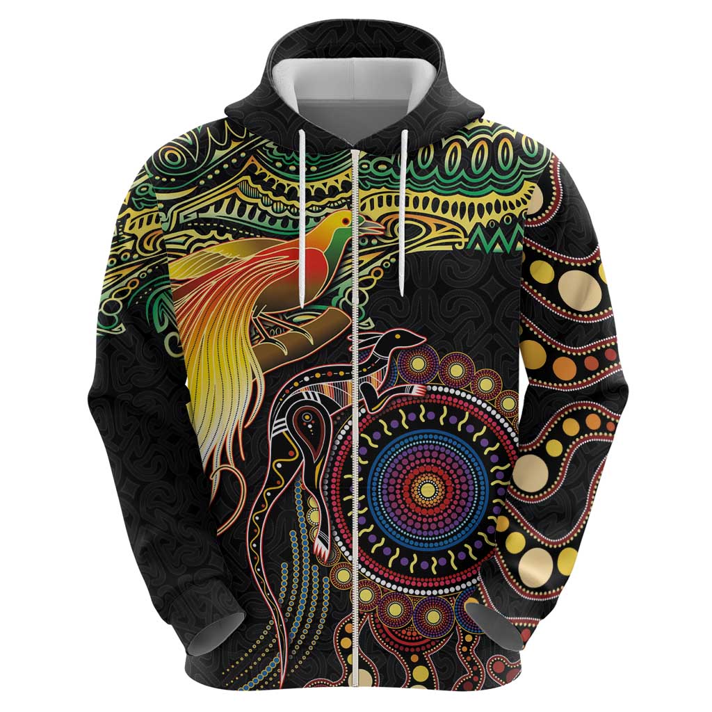Papua New Guinea and Australia Together Zip Hoodie Bird of Paradise and Kangaroo Melanesian Aboriginal Motifs LT03 - Polynesian Pride