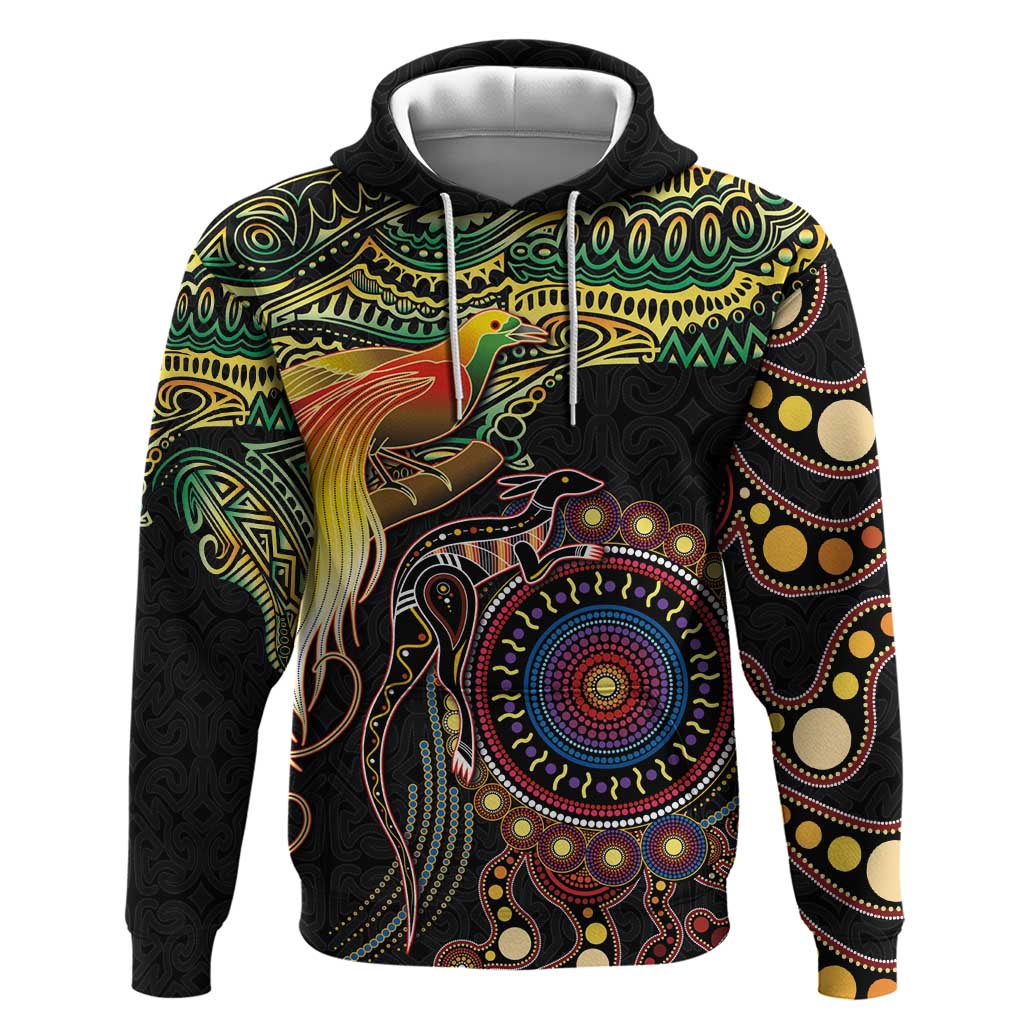Papua New Guinea and Australia Together Zip Hoodie Bird of Paradise and Kangaroo Melanesian Aboriginal Motifs LT03 Pullover Hoodie Black - Polynesian Pride