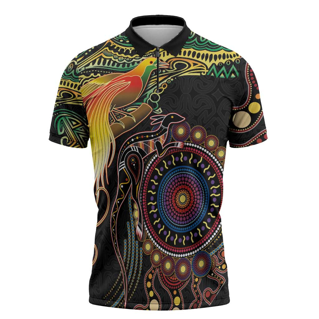 Papua New Guinea and Australia Together Zipper Polo Shirt Bird of Paradise and Kangaroo Melanesian Aboriginal Motifs LT03 Black - Polynesian Pride