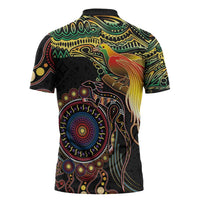 Papua New Guinea and Australia Together Zipper Polo Shirt Bird of Paradise and Kangaroo Melanesian Aboriginal Motifs LT03 - Polynesian Pride