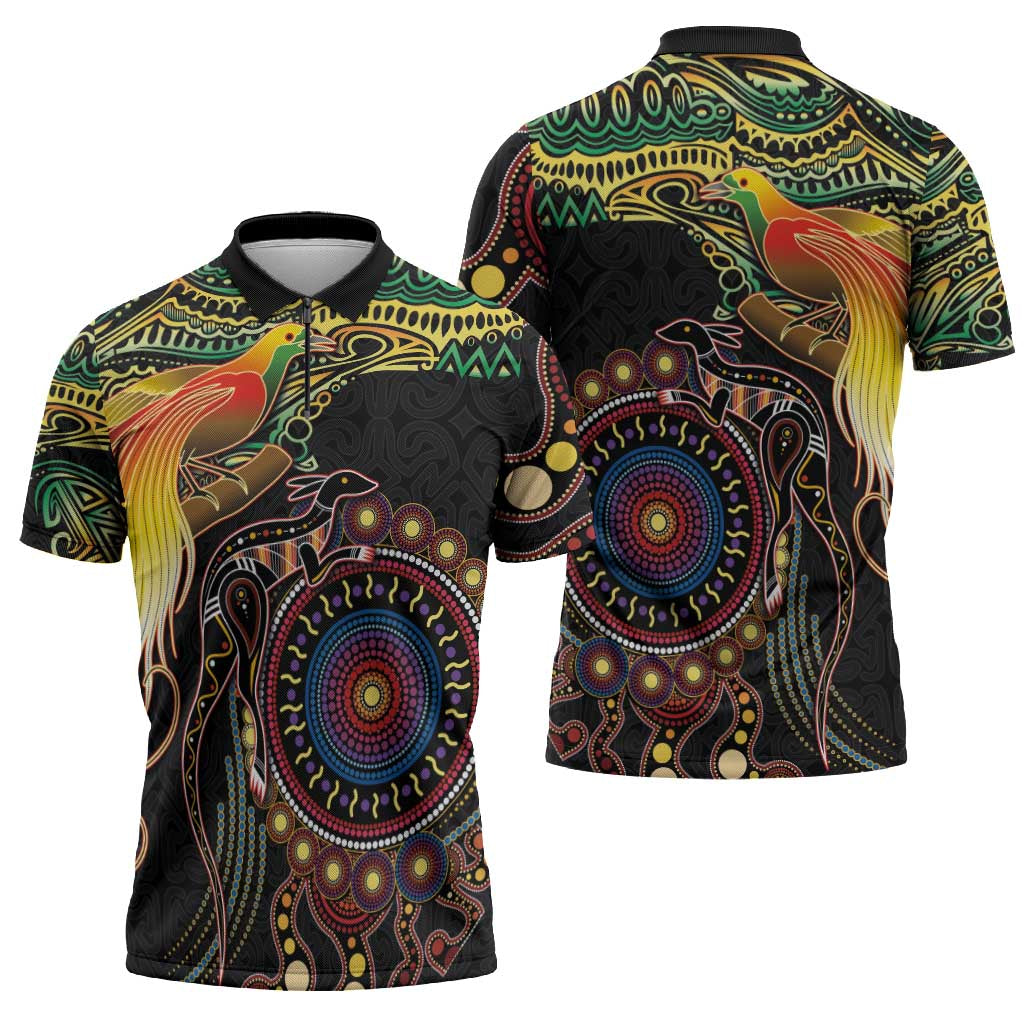 Papua New Guinea and Australia Together Zipper Polo Shirt Bird of Paradise and Kangaroo Melanesian Aboriginal Motifs LT03 - Polynesian Pride