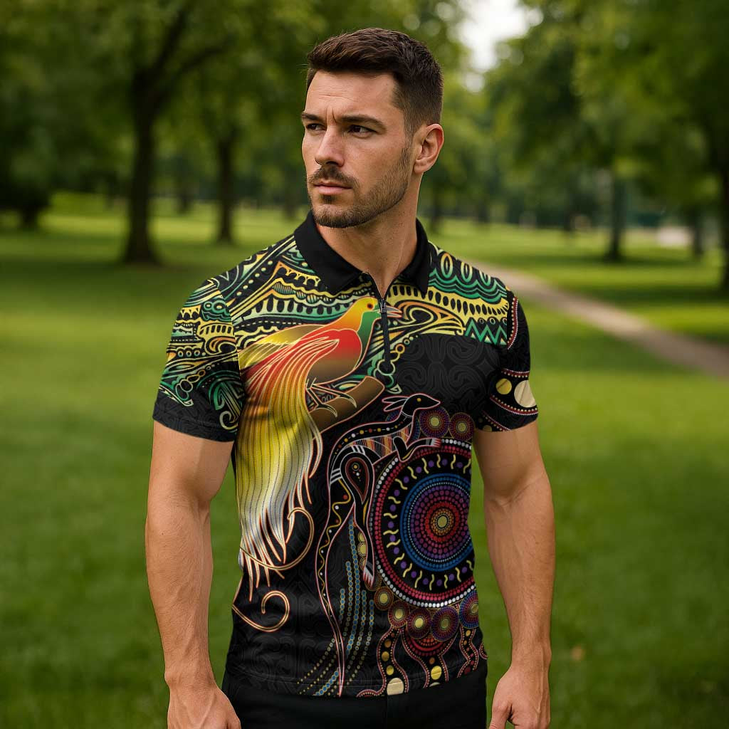 Papua New Guinea and Australia Together Zipper Polo Shirt Bird of Paradise and Kangaroo Melanesian Aboriginal Motifs LT03 - Polynesian Pride
