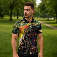 Papua New Guinea and Australia Together Zipper Polo Shirt Bird of Paradise and Kangaroo Melanesian Aboriginal Motifs LT03 - Polynesian Pride
