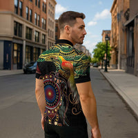 Papua New Guinea and Australia Together Zipper Polo Shirt Bird of Paradise and Kangaroo Melanesian Aboriginal Motifs LT03 - Polynesian Pride