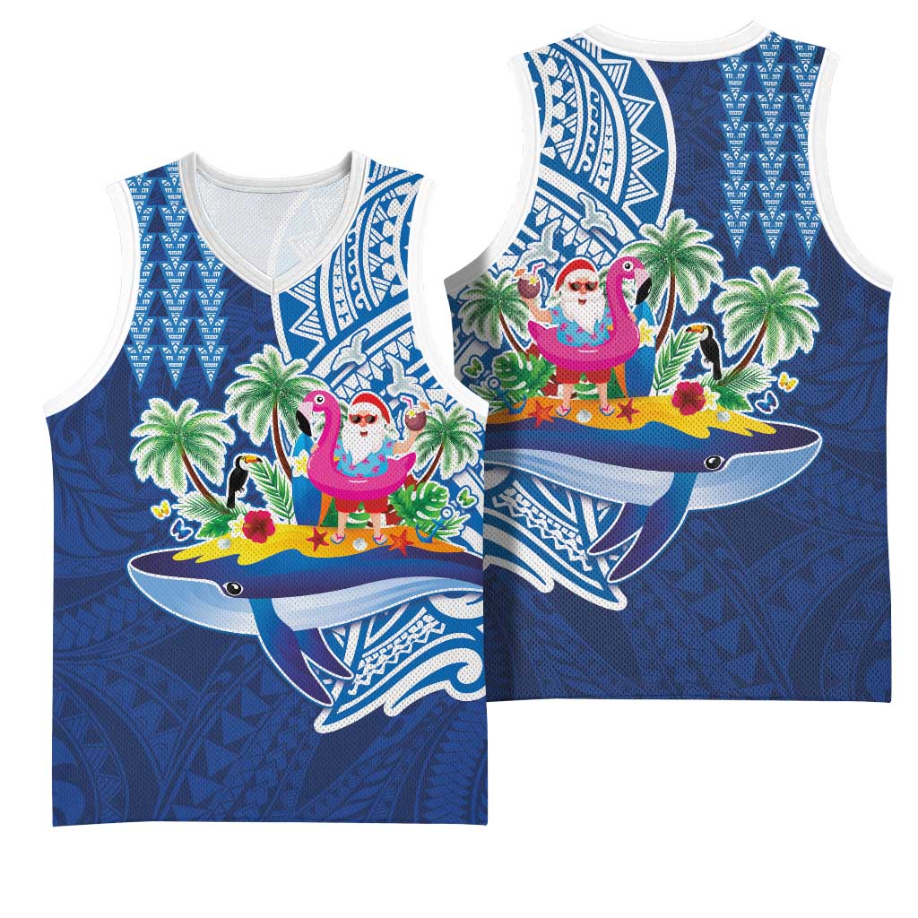 Hawaiian Mele Kalikimaka Basketball Jersey Funny Santa on Whale Island with Kakau Tattoos - Polynesian Pride