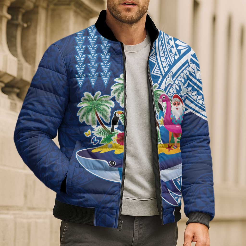 Hawaiian Mele Kalikimaka Bomber Puffer Jacket Funny Santa on Whale Island with Kakau Tattoos - Polynesian Pride