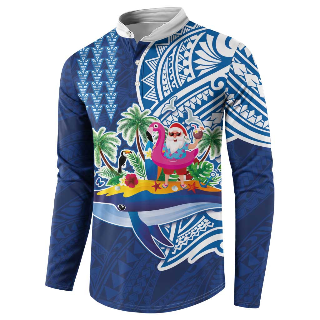 Hawaiian Mele Kalikimaka Button Sweatshirt Funny Santa on Whale Island with Kakau Tattoos - Polynesian Pride