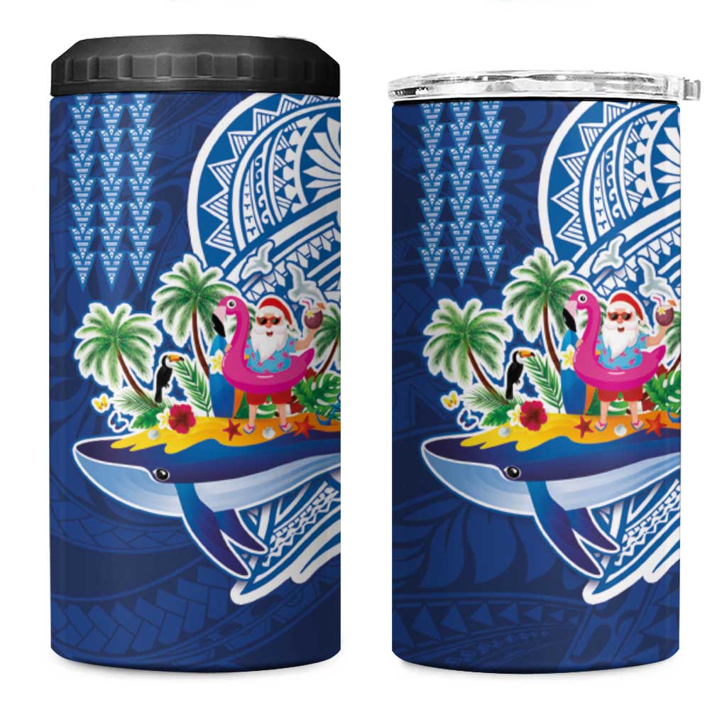 Hawaiian Mele Kalikimaka 4 in 1 Can Cooler Tumbler Funny Santa on Whale Island with Kakau Tattoos - Polynesian Pride