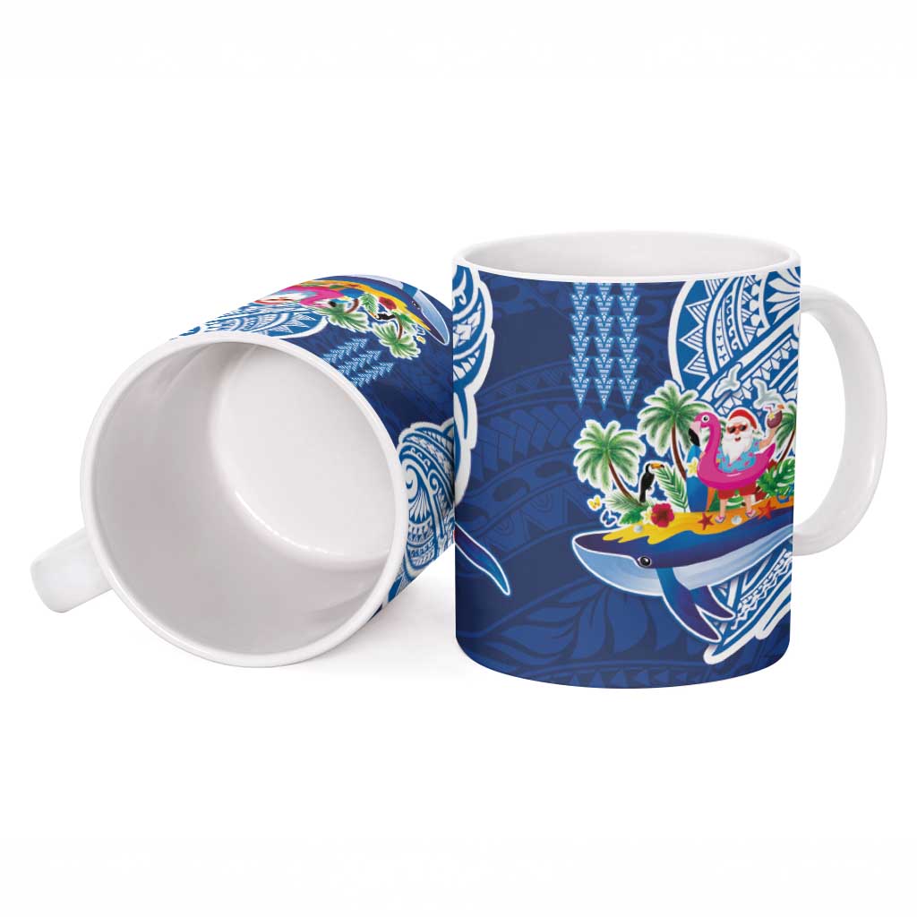 Hawaiian Mele Kalikimaka Ceramic Mug Funny Santa on Whale Island with Kakau Tattoos - Polynesian Pride