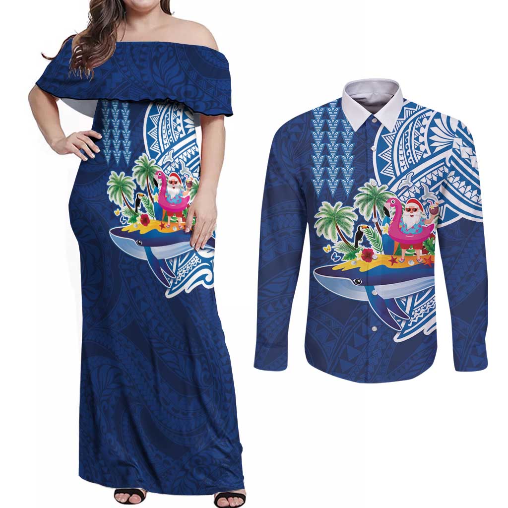 Hawaiian Mele Kalikimaka Couples Matching Off Shoulder Maxi Dress and Long Sleeve Button Shirt Funny Santa on Whale Island with Kakau Tattoos LT03 Blue - Polynesian Pride