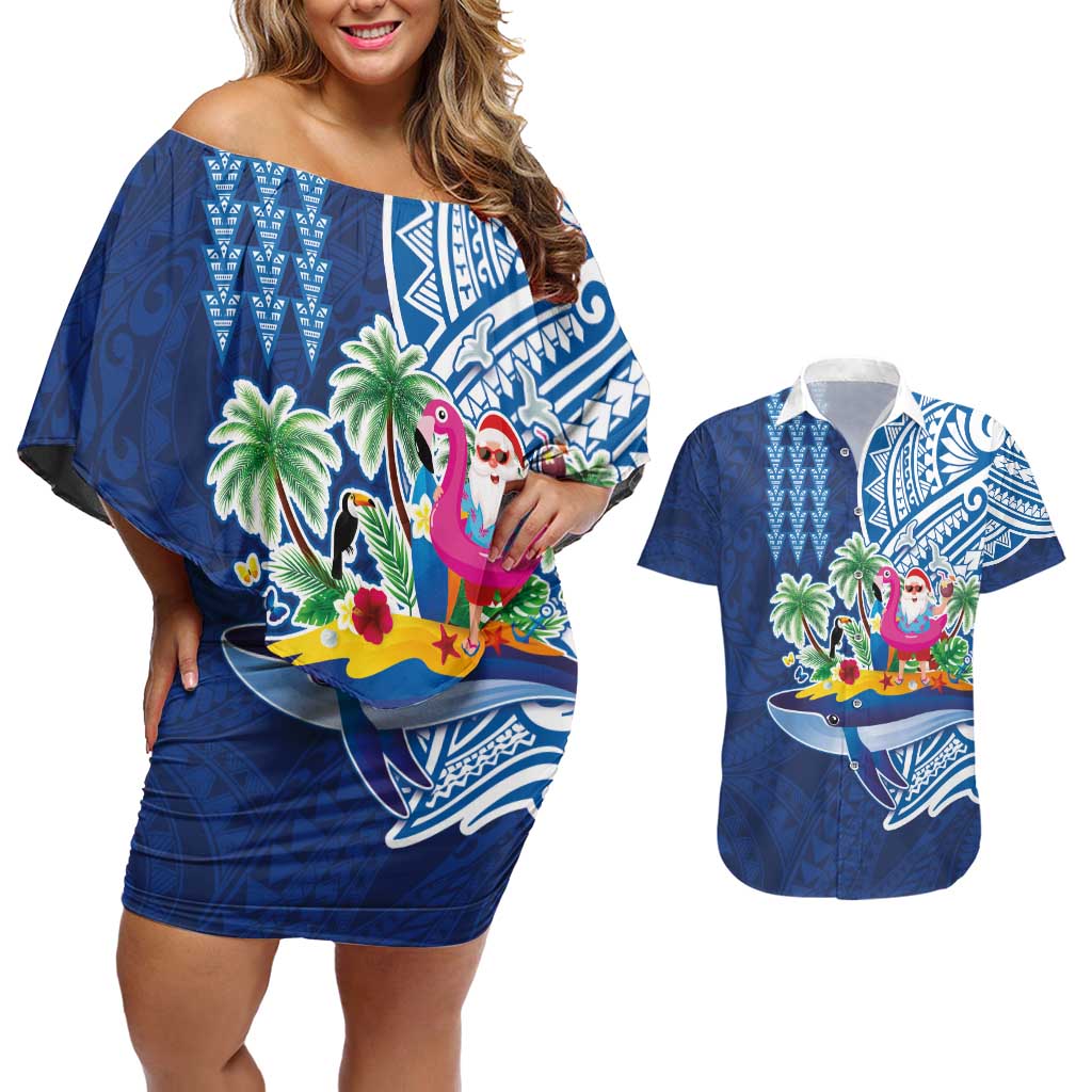 Hawaiian Mele Kalikimaka Couples Matching Off Shoulder Short Dress and Hawaiian Shirt Funny Santa on Whale Island with Kakau Tattoos LT03 Blue - Polynesian Pride