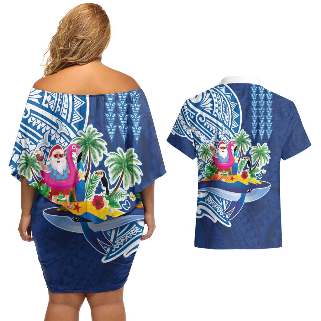 Hawaiian Mele Kalikimaka Couples Matching Off Shoulder Short Dress and Hawaiian Shirt Funny Santa on Whale Island with Kakau Tattoos LT03 - Polynesian Pride