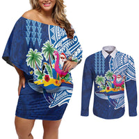 Hawaiian Mele Kalikimaka Couples Matching Off Shoulder Short Dress and Long Sleeve Button Shirt Funny Santa on Whale Island with Kakau Tattoos LT03 Blue - Polynesian Pride