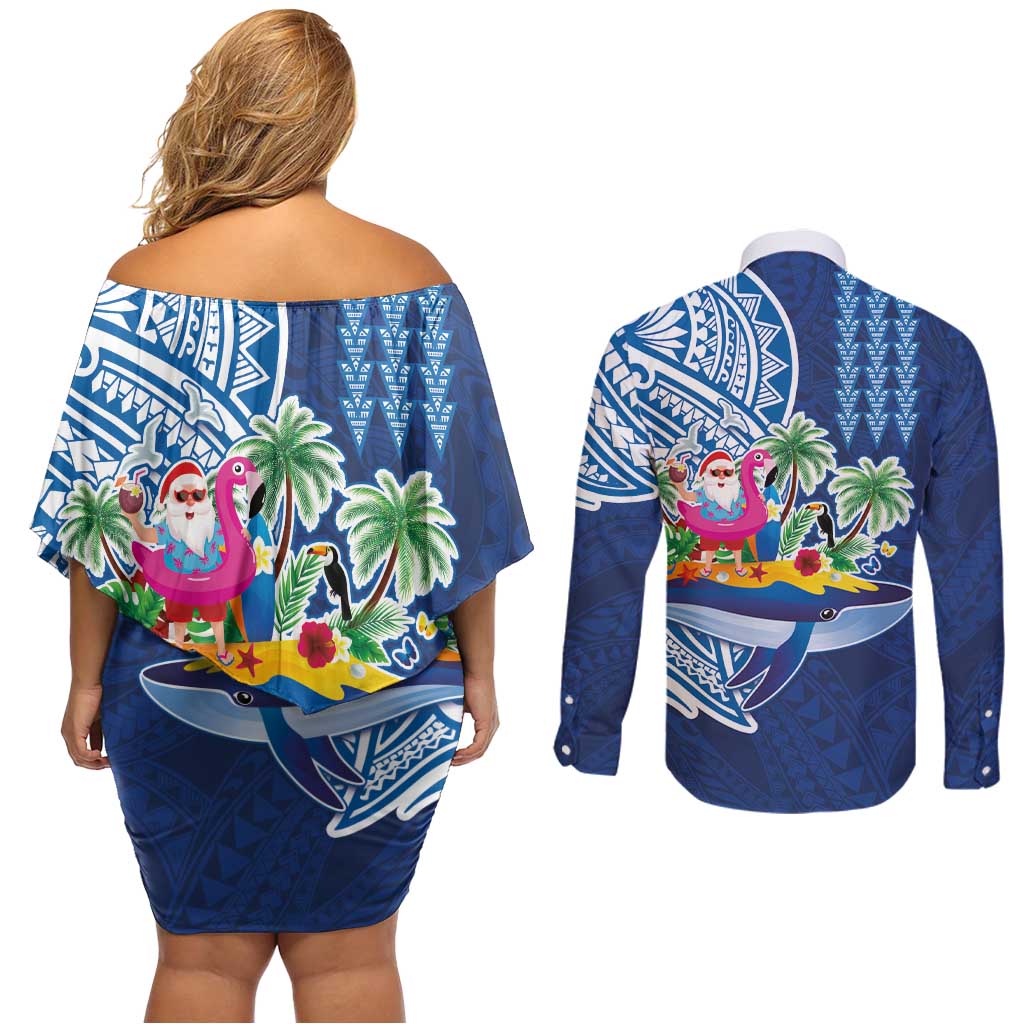 Hawaiian Mele Kalikimaka Couples Matching Off Shoulder Short Dress and Long Sleeve Button Shirt Funny Santa on Whale Island with Kakau Tattoos LT03 - Polynesian Pride
