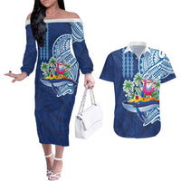 Hawaiian Mele Kalikimaka Couples Matching Off The Shoulder Long Sleeve Dress and Hawaiian Shirt Funny Santa on Whale Island with Kakau Tattoos LT03 Blue - Polynesian Pride