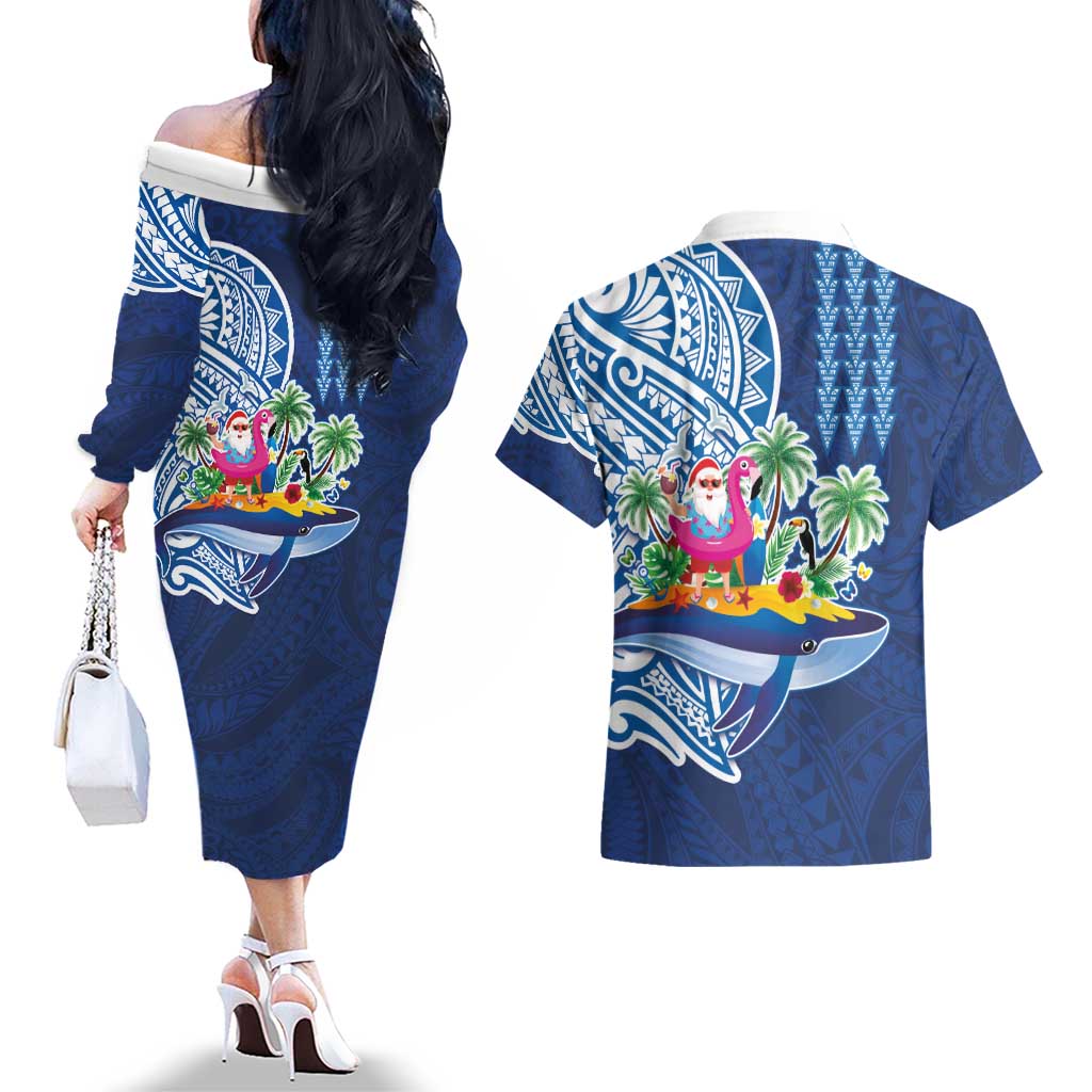 Hawaiian Mele Kalikimaka Couples Matching Off The Shoulder Long Sleeve Dress and Hawaiian Shirt Funny Santa on Whale Island with Kakau Tattoos LT03 - Polynesian Pride