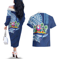 Hawaiian Mele Kalikimaka Couples Matching Off The Shoulder Long Sleeve Dress and Hawaiian Shirt Funny Santa on Whale Island with Kakau Tattoos LT03 - Polynesian Pride