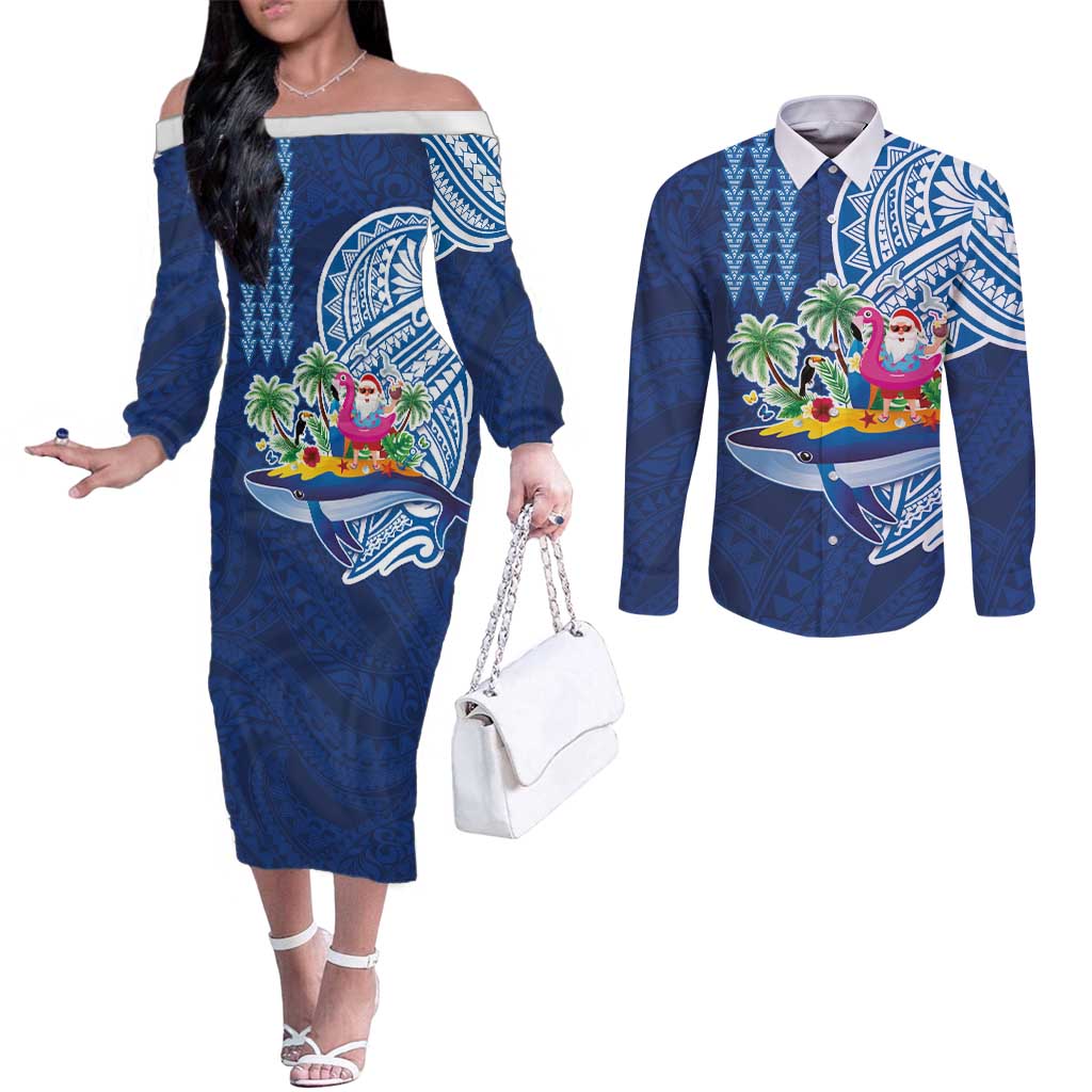 Hawaiian Mele Kalikimaka Couples Matching Off The Shoulder Long Sleeve Dress and Long Sleeve Button Shirt Funny Santa on Whale Island with Kakau Tattoos LT03 Blue - Polynesian Pride