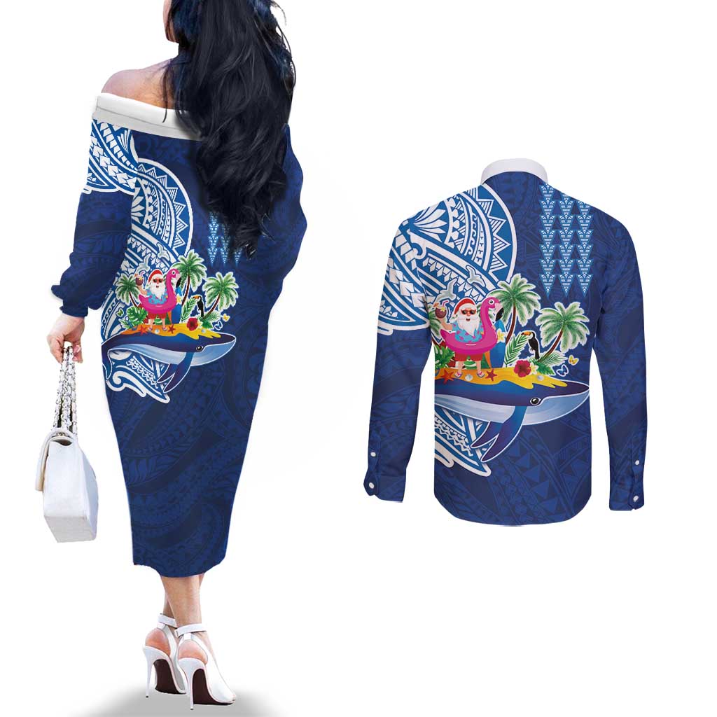 Hawaiian Mele Kalikimaka Couples Matching Off The Shoulder Long Sleeve Dress and Long Sleeve Button Shirt Funny Santa on Whale Island with Kakau Tattoos LT03 - Polynesian Pride