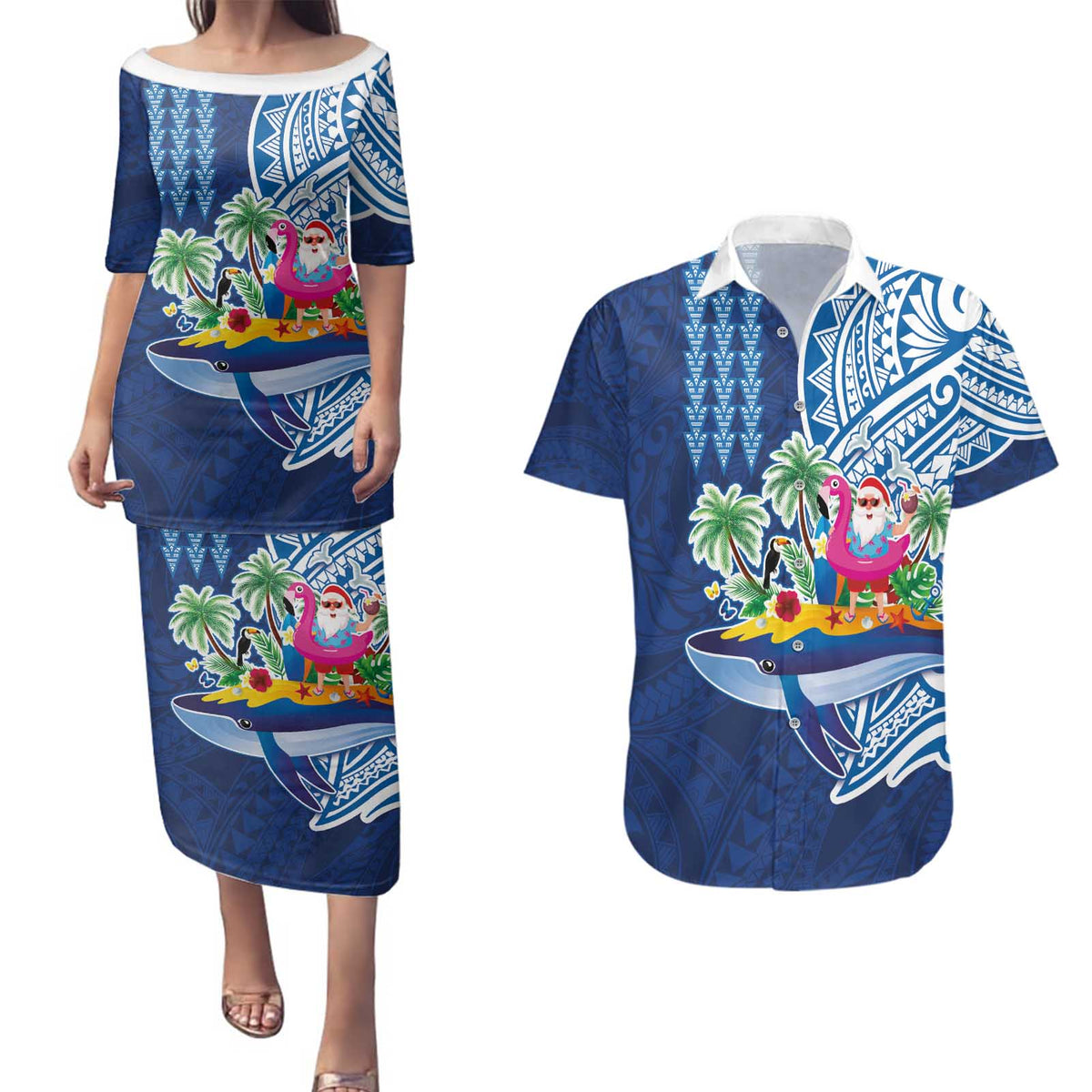 Hawaiian Mele Kalikimaka Couples Matching Puletasi and Hawaiian Shirt Funny Santa on Whale Island with Kakau Tattoos LT03 Blue - Polynesian Pride