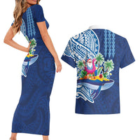 Hawaiian Mele Kalikimaka Couples Matching Short Sleeve Bodycon Dress and Hawaiian Shirt Funny Santa on Whale Island with Kakau Tattoos LT03 - Polynesian Pride