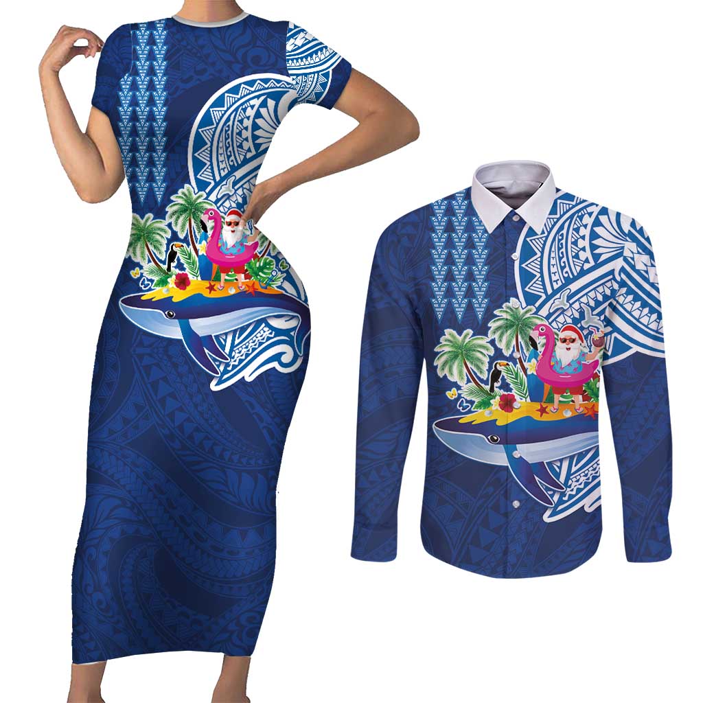 Hawaiian Mele Kalikimaka Couples Matching Short Sleeve Bodycon Dress and Long Sleeve Button Shirt Funny Santa on Whale Island with Kakau Tattoos LT03 Blue - Polynesian Pride