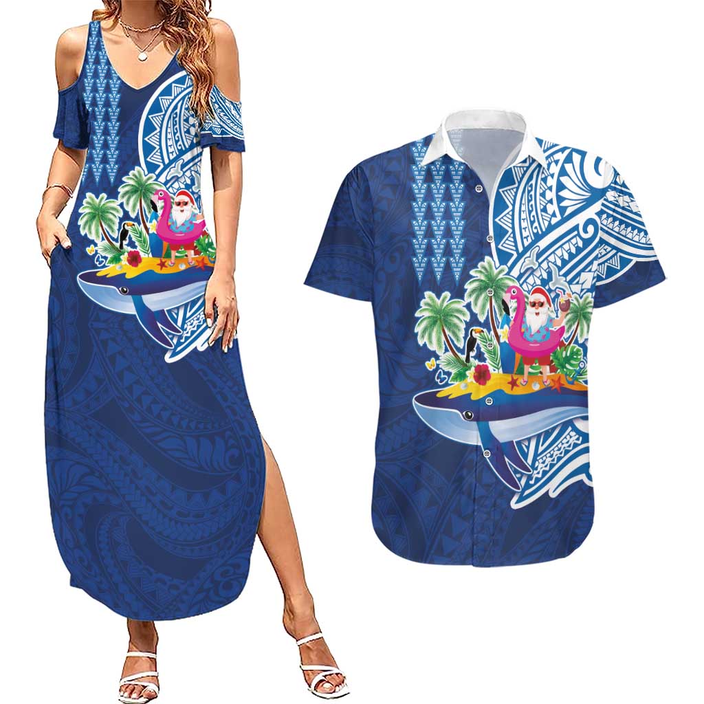 Hawaiian Mele Kalikimaka Couples Matching Summer Maxi Dress and Hawaiian Shirt Funny Santa on Whale Island with Kakau Tattoos LT03 Blue - Polynesian Pride