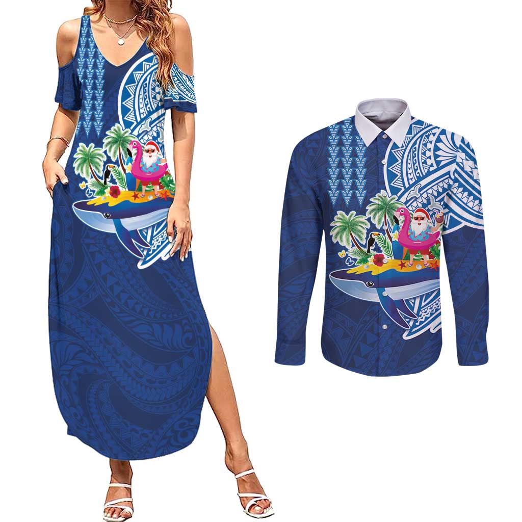 Hawaiian Mele Kalikimaka Couples Matching Summer Maxi Dress and Long Sleeve Button Shirt Funny Santa on Whale Island with Kakau Tattoos LT03 Blue - Polynesian Pride