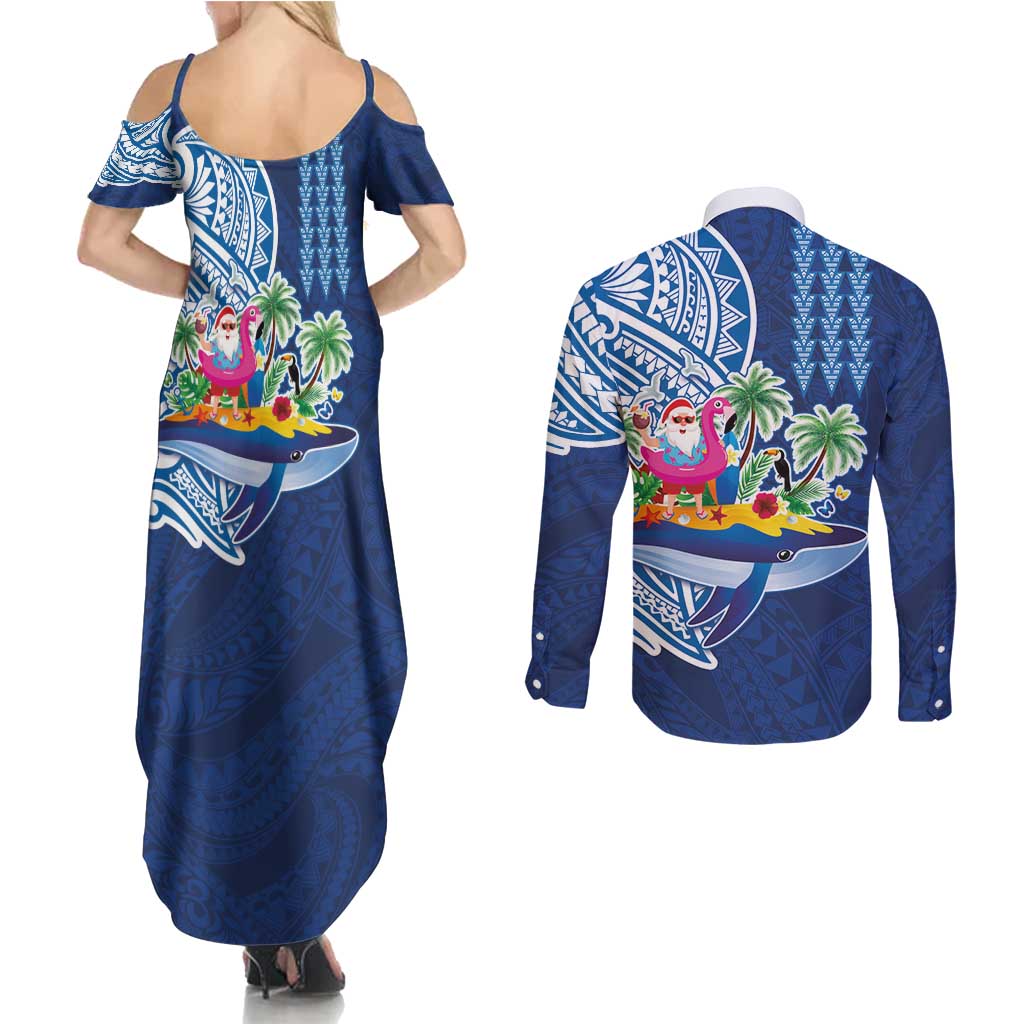 Hawaiian Mele Kalikimaka Couples Matching Summer Maxi Dress and Long Sleeve Button Shirt Funny Santa on Whale Island with Kakau Tattoos LT03 - Polynesian Pride