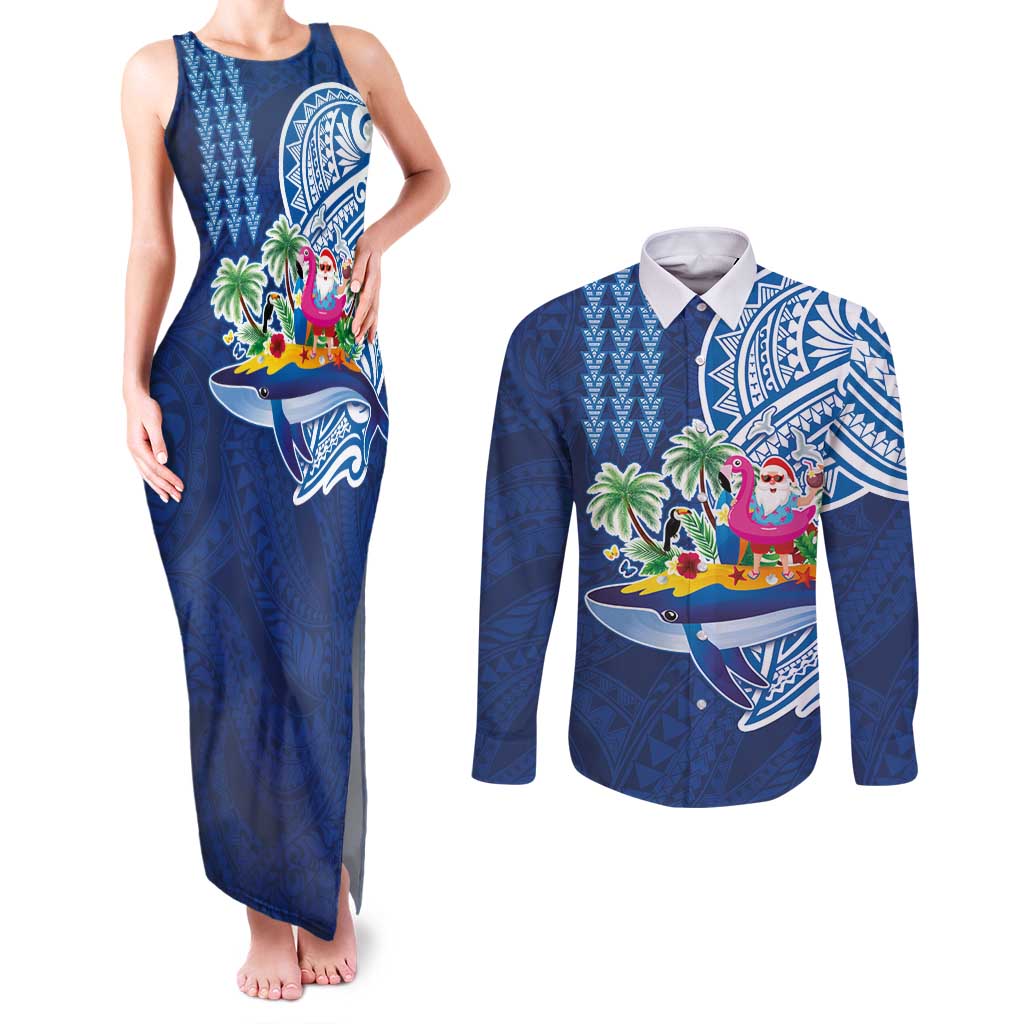 Hawaiian Mele Kalikimaka Couples Matching Tank Maxi Dress and Long Sleeve Button Shirt Funny Santa on Whale Island with Kakau Tattoos LT03 Blue - Polynesian Pride