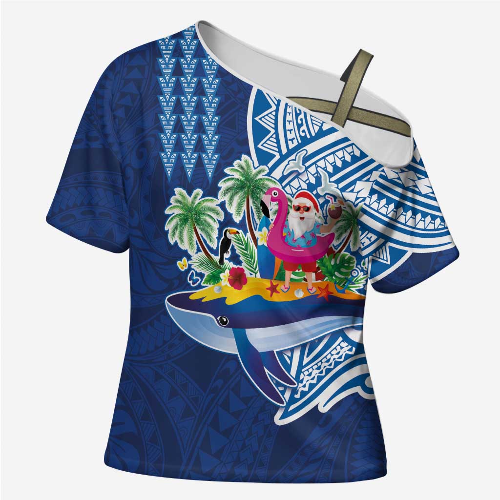 Hawaiian Mele Kalikimaka Cross Shoulder Shirt Funny Santa on Whale Island with Kakau Tattoos - Polynesian Pride