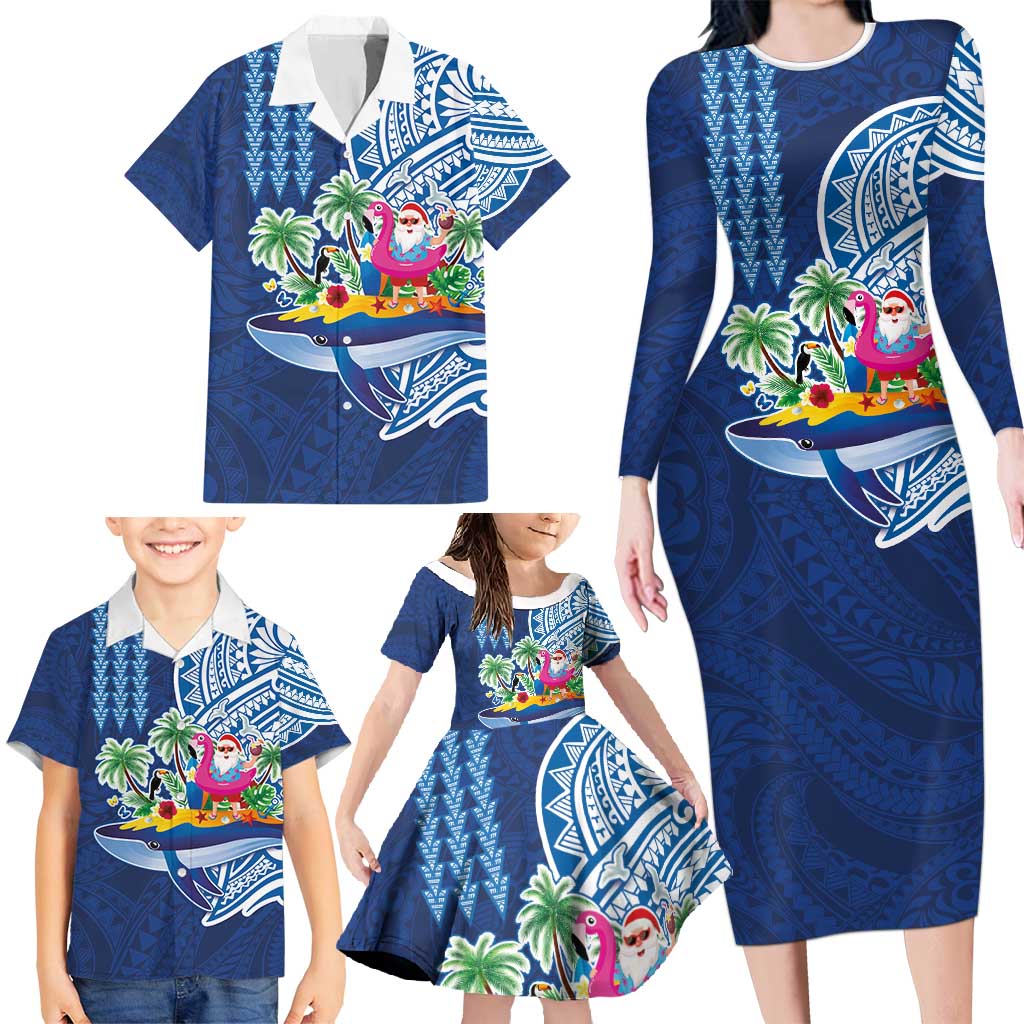 Hawaiian Mele Kalikimaka Family Matching Long Sleeve Bodycon Dress and Hawaiian Shirt Funny Santa on Whale Island with Kakau Tattoos LT03 - Polynesian Pride