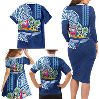 Hawaiian Mele Kalikimaka Family Matching Long Sleeve Bodycon Dress and Hawaiian Shirt Funny Santa on Whale Island with Kakau Tattoos LT03 - Polynesian Pride
