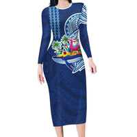 Hawaiian Mele Kalikimaka Family Matching Long Sleeve Bodycon Dress and Hawaiian Shirt Funny Santa on Whale Island with Kakau Tattoos LT03 Mom's Dress Blue - Polynesian Pride