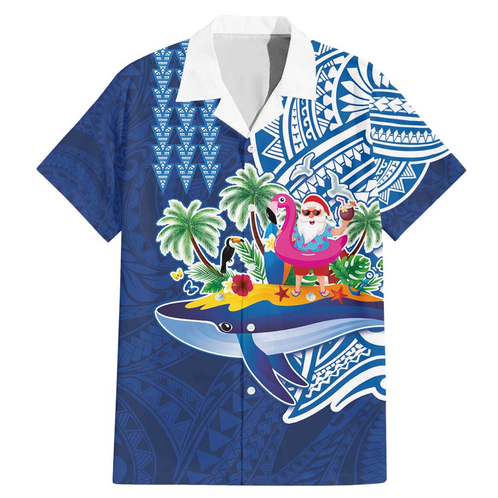 Hawaiian Mele Kalikimaka Family Matching Mermaid Dress and Hawaiian Shirt Funny Santa on Whale Island with Kakau Tattoos LT03 Dad's Shirt - Short Sleeve Blue - Polynesian Pride